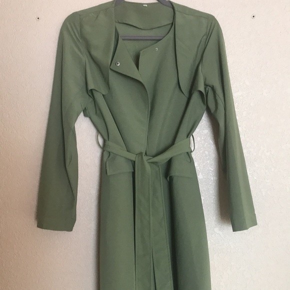 Army Green Long Sleeve Pockets Trench Coat - Picture 6 of 12